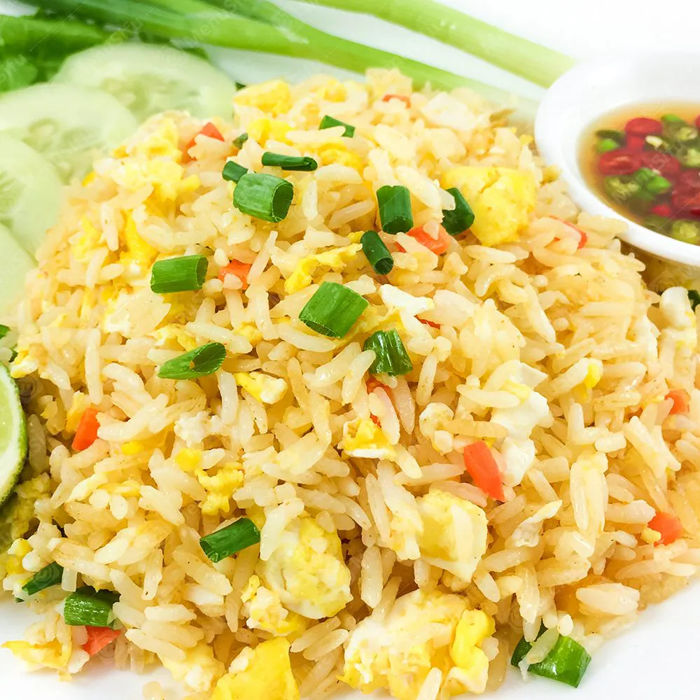 Classic egg fried rice topped with fresh chopped green onion at Bamboo Bowl Kitchen, a Chinese Restaurant in Moreno Valley