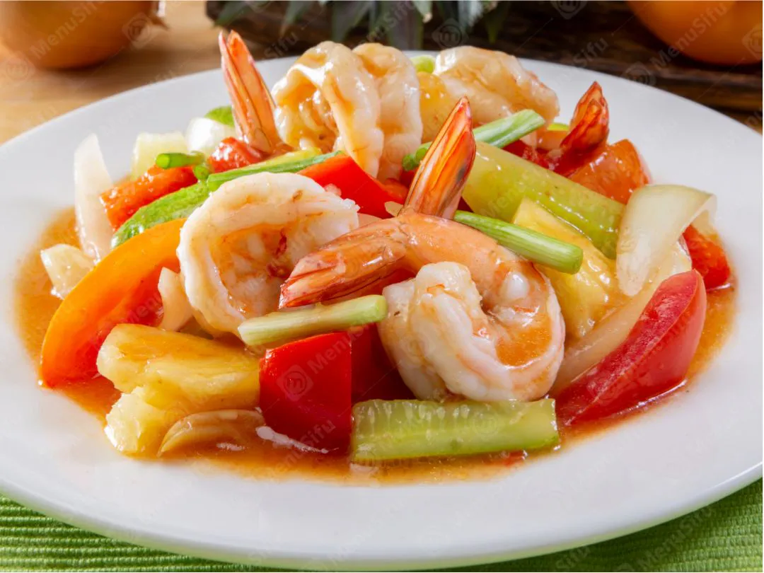 Sweet sour stir-fried shrimp with pineapple and mixed bell peppers at Bamboo Bowl Kitchen, a Chinese Restaurant in Moreno Valley Sweet sour stir-fried shrimp with pineapple and mixed bell peppers at Bamboo Bowl Kitchen, a Chinese Restaurant in Moreno Valley