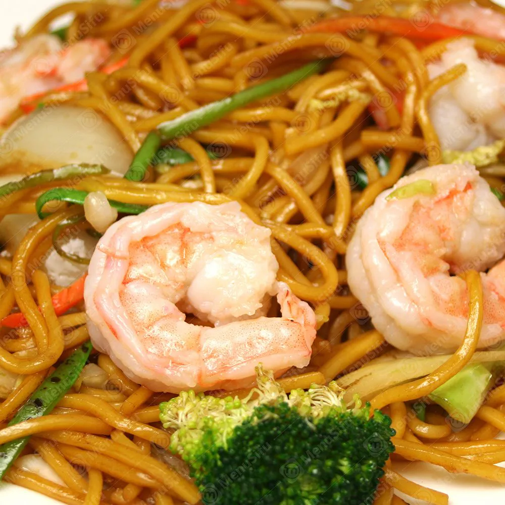 Shrimp lo mein noodles mixed with broccoli and fresh veggies at Bamboo Bowl Kitchen, a Chinese Restaurant in Moreno Valley